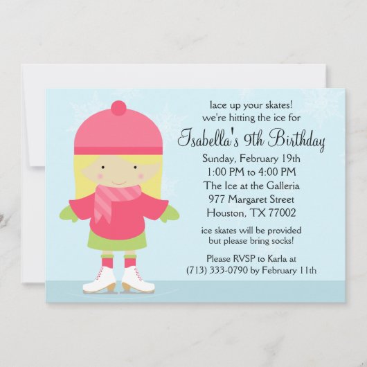 Blonde Caucasion Ice Skaten Geburtstagsparty Einladung (Vorderseite)