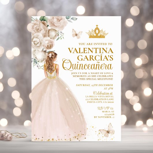 Blonde Champagne Quinceañera 15 Anos Gold Crown Einladung