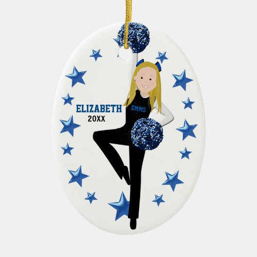 Blonde Cheer Squad in Schwarz, Blau und Weiß Keramik Ornament (Vorne)
