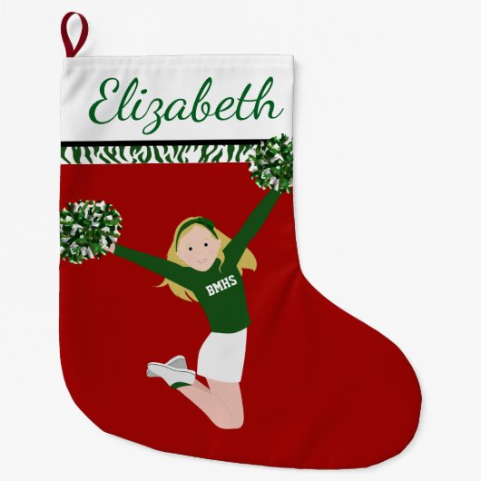 Blonde Cheerleader in Grün und Weiß Großer Weihnachtsstrumpf (Vorderseite)
