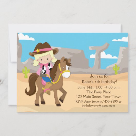 Blonde Cowgirl auf Pferd, Geburtstag Einladung (Vorderseite)