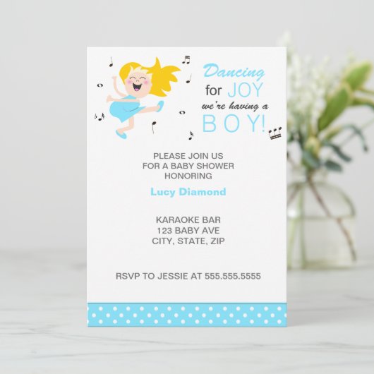 Blonde Dancing Freude blauer, moderne Babydusche Einladung (Stehend Vorderseite)