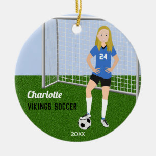 Blonde des Fußballspielers in Blau Keramik Ornament