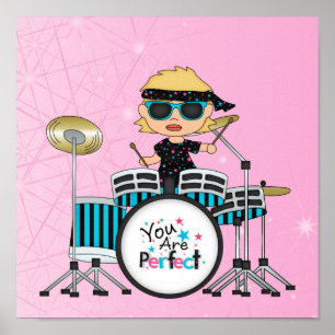 Blonde Drummer Girl with Stars on Pink Poster