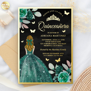 Blonde Emerald Dress Butterfly Quinceanera Gold Folieneinladung