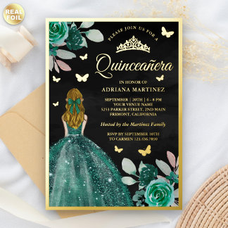 Blonde Emerald Dress Butterfly Quinceanera Gold Folieneinladung