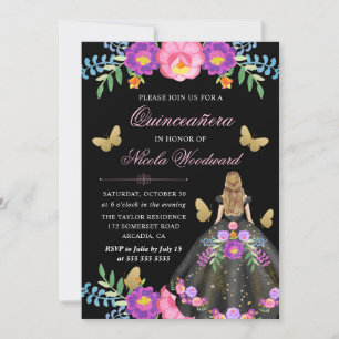 Blonde Frau im mexikanischen Blumenkleid Quinceañe Einladung