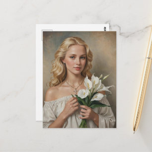 Blonde Frau mit Kreuzanhänger und Blumen Postkarte