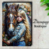 Blonde Girl and Brown Horse Denim Floral Decoupage Seidenpapier