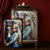 Blonde Girl and Brown Horse Denim Floral Decoupage Seidenpapier