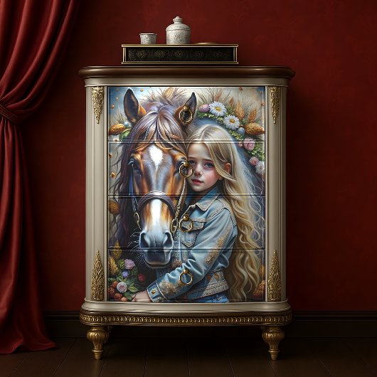Blonde Girl and Brown Horse Denim Floral Decoupage Seidenpapier