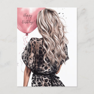 Blonde Girl Back rosa Ballon Leopard Kleid Postkarte