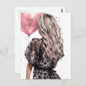 Blonde Girl Back rosa Ballon Leopard Kleid Postkarte (Vorne/Hinten)