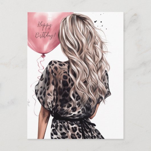 Blonde Girl Back rosa Ballon Leopard Kleid Postkarte (Vorderseite)