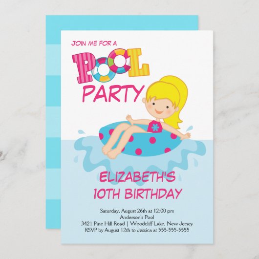 Blonde Girl Birthday Sommerpool Party Einladung (Vorne/Hinten)