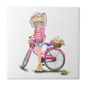 Blonde Girl Ceramic Tile with Pink Bike Fliese