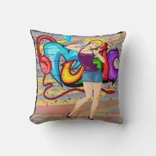 Blonde Girl Dancing MusicGraffiti Wand Hintergrund Kissen