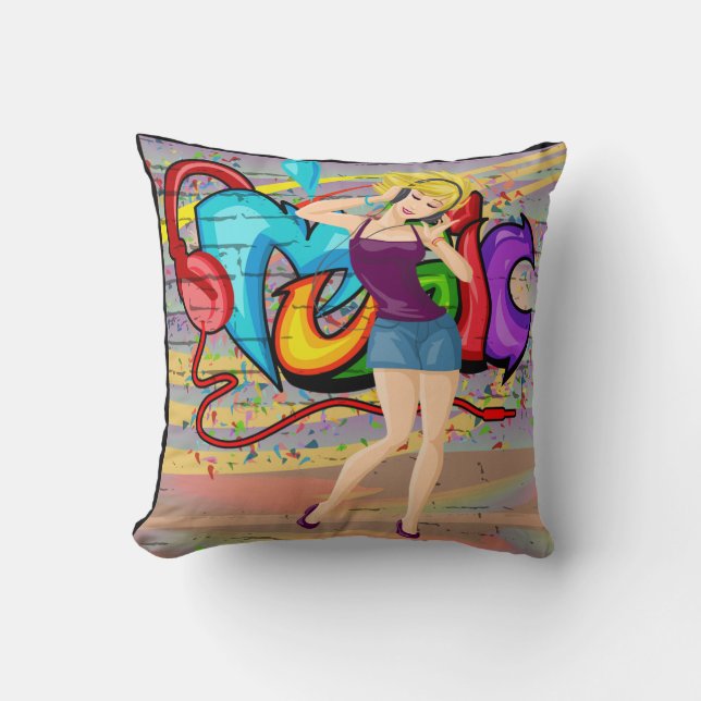 Blonde Girl Dancing MusicGraffiti Wand Hintergrund Kissen (Vorderseite)