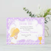 Blonde Girl First Communion Damask Dankeskarte (Stehend Vorderseite)