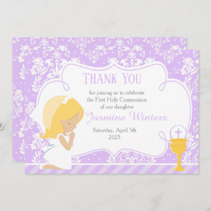 Blonde Girl First Communion Damask Dankeskarte