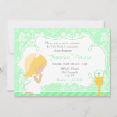Blonde Girl First Communion Damask Einladung (Vorderseite)
