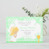 Blonde Girl First Communion Damask Einladung (Stehend Vorderseite)