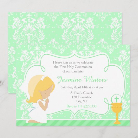 Blonde Girl First Communion Damask Einladung (Vorne/Hinten)