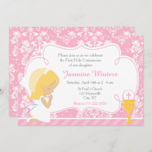 Blonde Girl First Communion Damask Einladung