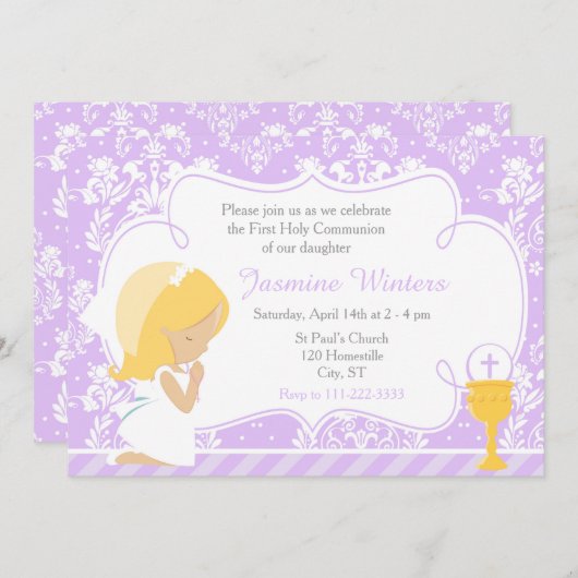 Blonde Girl First Communion Damask Einladung (Vorne/Hinten)