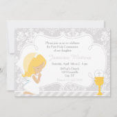 Blonde Girl First Communion Damask Einladung (Vorderseite)