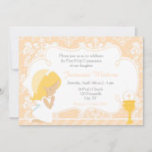 Blonde Girl First Communion Damask Einladung (Vorderseite)