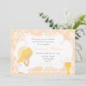 Blonde Girl First Communion Damask Einladung (Stehend Vorderseite)