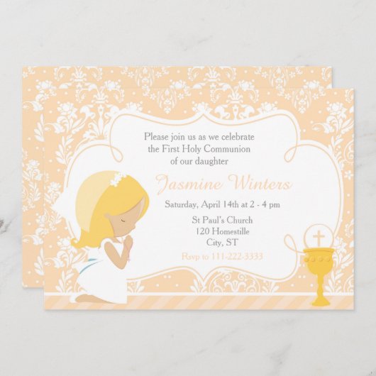 Blonde Girl First Communion Damask Einladung (Vorne/Hinten)