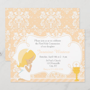 Blonde Girl First Communion Damask Einladung