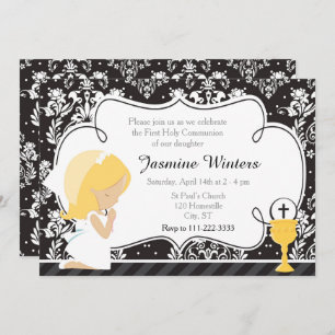 Blonde Girl First Communion Damask Einladung
