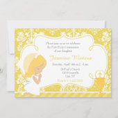 Blonde Girl First Communion Gold Damask Einladung (Vorderseite)