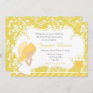 Blonde Girl First Communion Gold Damask Einladung