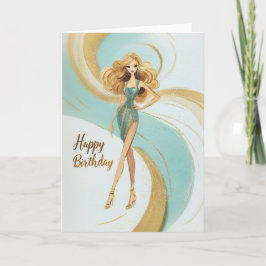 Blonde Girl in Teal Gold Glam Fashionista Birthday Karte