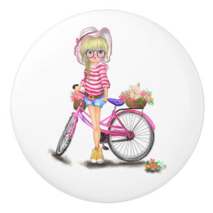 Blonde Girl Keramik Knoblauch mit rosa Bike Keramikknauf