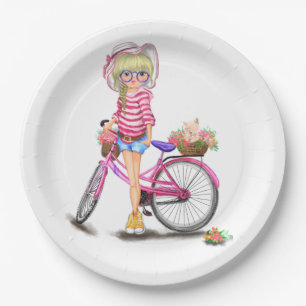 Blonde Girl mit Pink Bike Paper Tellern Pappteller