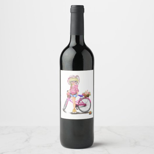 Blonde Girl mit rosa Bike Flasche Label Weinetikett (Vorderseite)