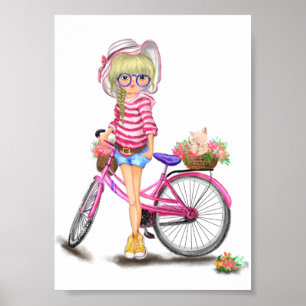 Blonde Girl mit rosa Bike Poster