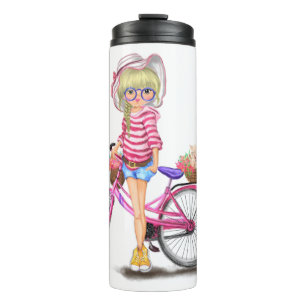 Blonde Girl mit rosa Bike Thermal Tumbler Thermosbecher