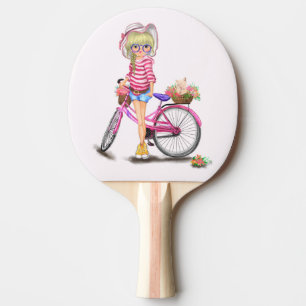 Blonde Girl Ping Pong Paddle mit Pink Bike Tischtennis Schläger
