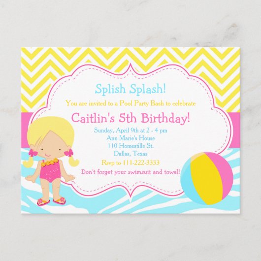 Blonde Girl Pool Party Bash Party Postkarte (Vorderseite)