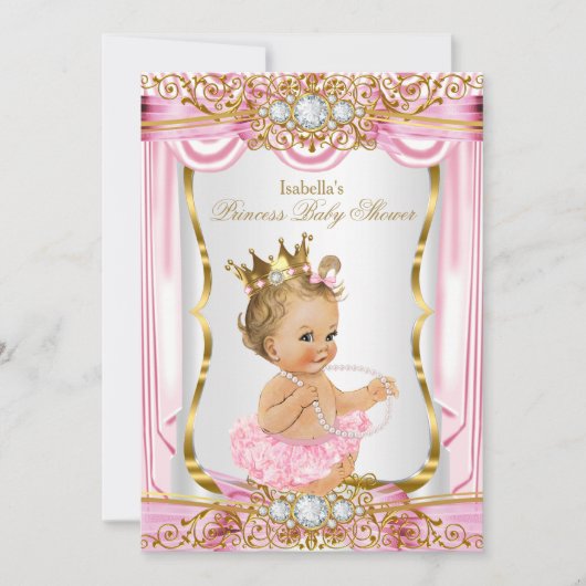 Blonde Girl Princess Baby Dusche Rosa Seide Gold Einladung (Vorderseite)