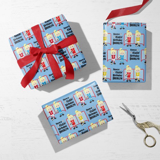 Blonde Girl Soccer Personalisiert Geschenkpapier Set