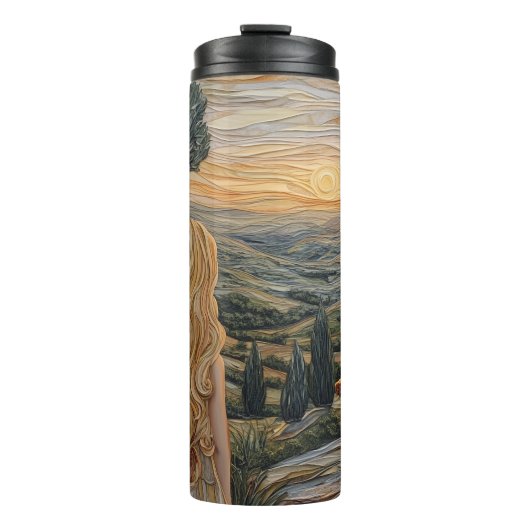 Blonde Girl, Wanderberge Sonnenuntergang mit Hund Thermosbecher (Vorderseite)