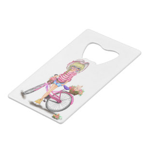Blonde Girl with Pink Bike Bottle Opener Geldbeutel Flaschenöffner