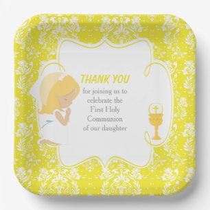 Blonde Girl Yellow Damask Pappteller